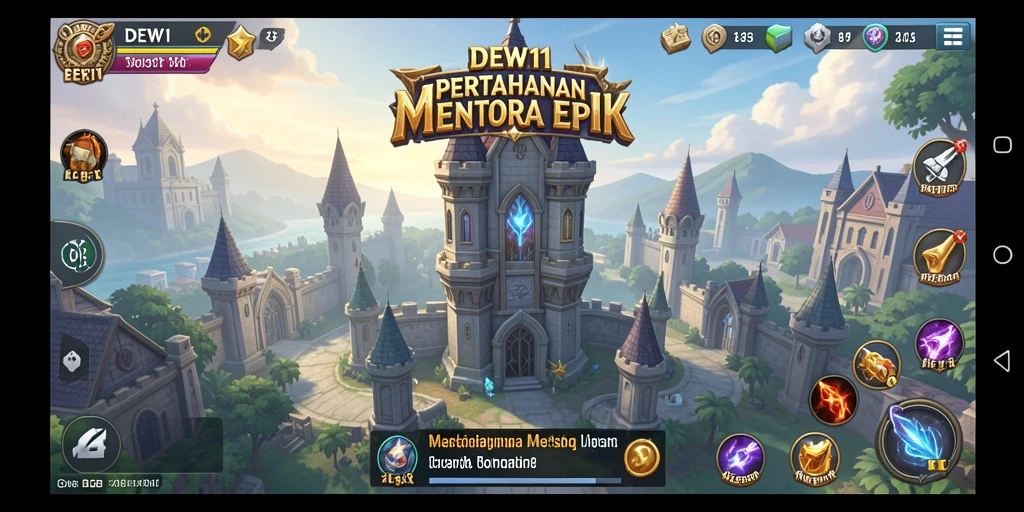 Tangkapan layar gameplay DEWI11 menampilkan menara dan musuh yang intens.
