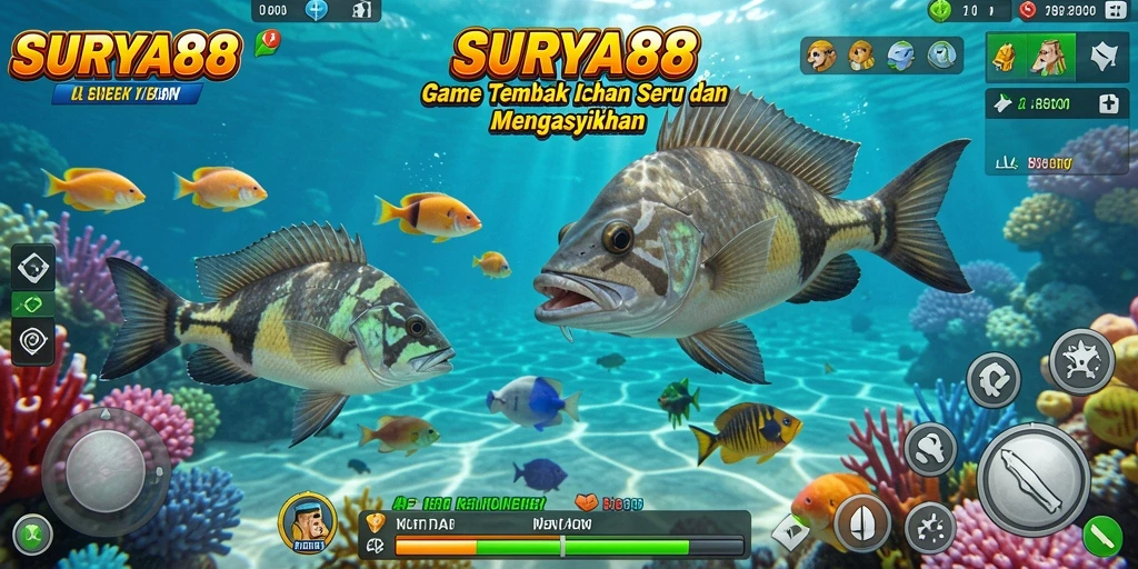 Screenshot gameplay SURYA88 dengan aksi menembak ikan.