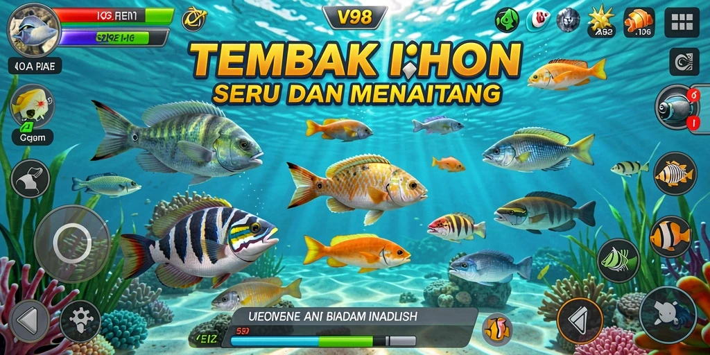 Tampilan gameplay V98 menampilkan aksi memancing ikan yang seru.